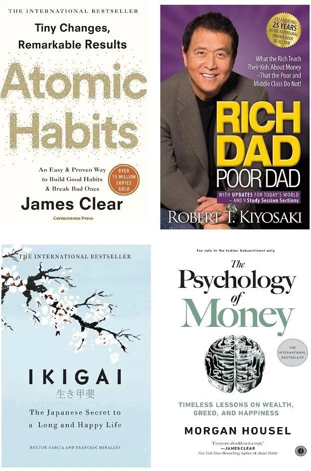 Atomic Habits + Rich Dad Poor Dad + Ikigai + The Psychology Of Money (4 Book Combo)