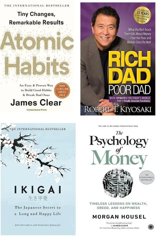 Atomic Habits + Rich Dad Poor Dad + Ikigai + The Psychology Of Money (4 Book Combo)